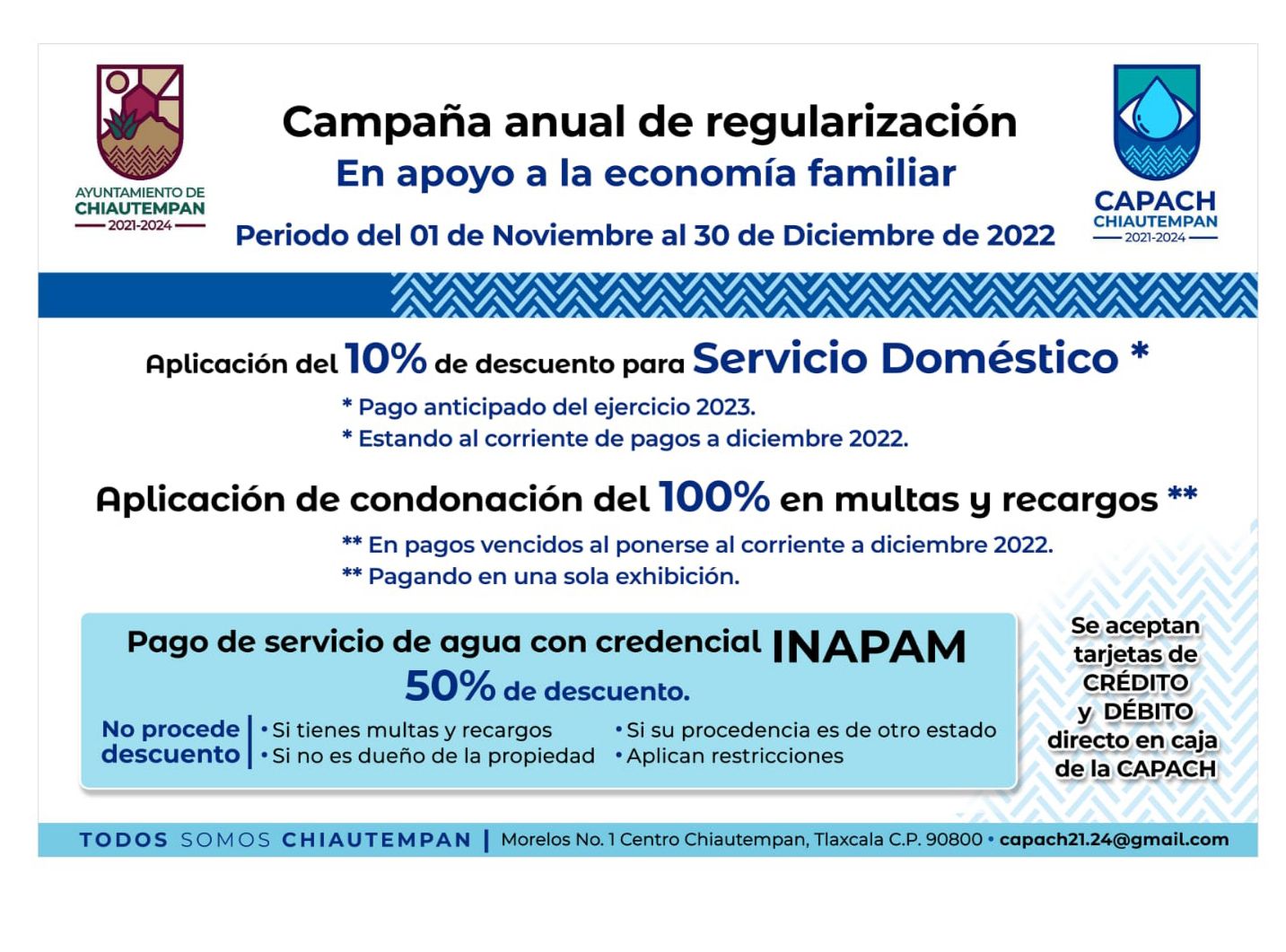 En Chiautempan, campaña de regularización en pago de agua potable